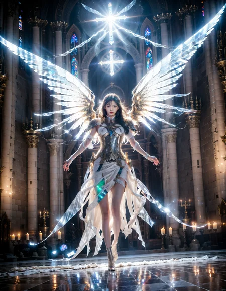 shine colorful,1girl,korean idol,glowing particle,female in armor with glowing angel wings,horror christian cathedral,nighttime,dungeons and dragons,<lora:Shine_colorful_XL_15E2B3A3C_RT:1>,