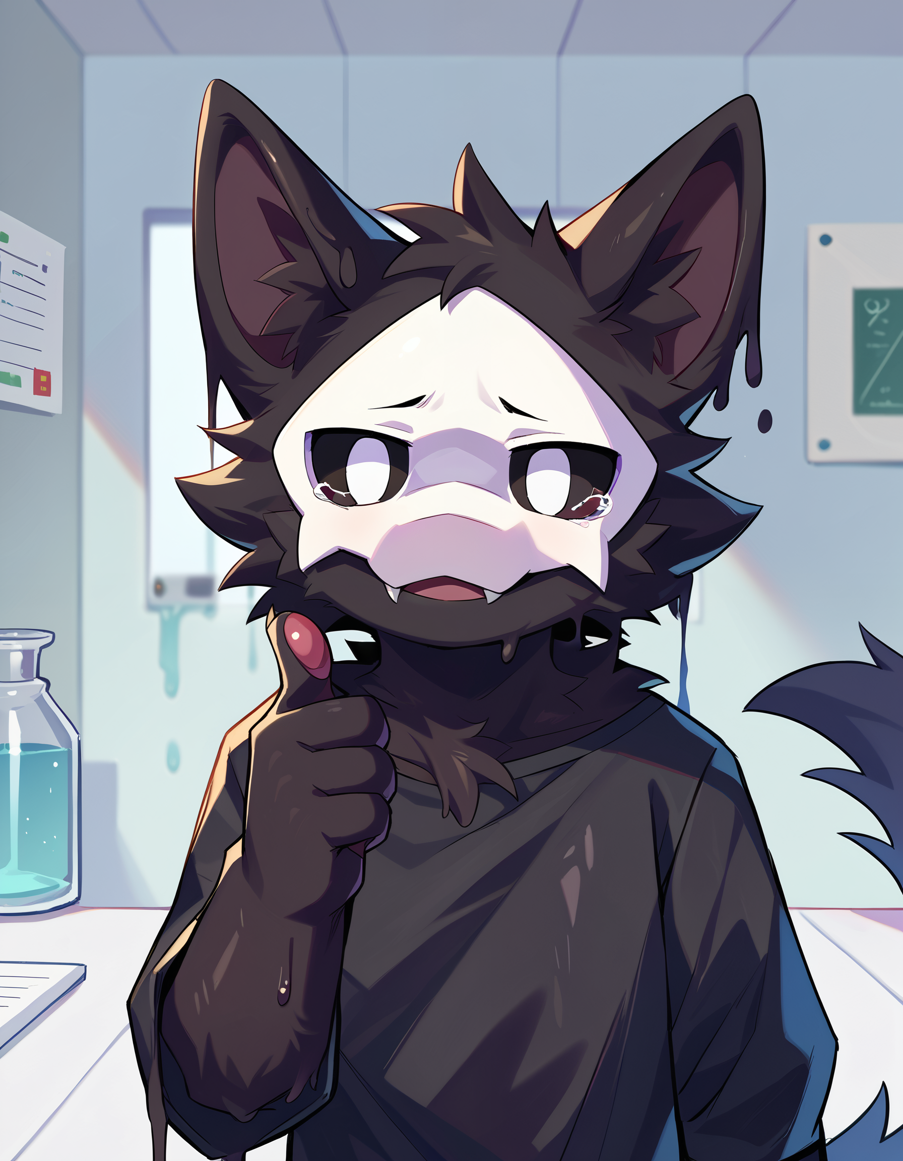 score_9, score_8_up, score_7_up, source_furry, furry, anthro, 1boy, solo, male, tail, animal ears, seductive, looking at viewer, detailed background, <lora:add-detail-xl.safetensors:1.0>, <lora:Puro_Changed.safetensors:1.0>, puro_changed, solo, black fur, mask, black body, anthro, solo, fur, white eyes, black sclera, colored sclera, black eyes, tail, holding, animal ears, goo body, goo, expressive goo, blep, upper body,  (close-up, showing indifference thumbs up head turn, tears, lab, lab background:1.15)