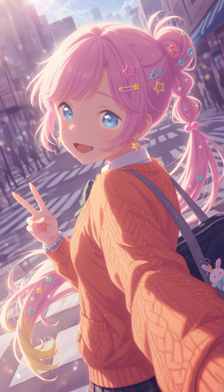 1girl, taking a selfie, anyoji hime, link! like! love live!, blue eyes, very long gradient pink::: blonde hair, tapers off, multi-tied ponytail, black hair ribbon, sidelocks, hair intakes, blunt swept bangs, ahoge,
(:d),
BREAK
wearing  (orange cardigan, cable knit, buttons, star earrings, bow, plushie in pocket, star sticker on cheek, school uniform, bowtie, untucked white shirt, black miniskirt, pleated skirt, plaid skirt), (too many hair ornaments:1.3), bead bracelet, colored fingernails, bag charm, duffel bag,
BREAK
looking at viewer,
(looking back, v),
(outdoors, awning, cityscape, street, crosswalk, cafe, storefront, crowd, sky),
(decora:1.3), (pastel colors:1.25), 
QUALITY
(masterpiece, very aesthetic, absurdres), 
BREAK
at noon, (sunbeam:1.1), (sunlight:1.1), rainbow highlights, bloom, dramatic lighting, (particles:1.2), (blurry background:1.2),  (from front,close-up,upper body), dutch angle, blue shadow, sidelighting, dynamic pose, extreme perspective, film grain,
<lora:DynamicPoseIL2att_alpha1.0_rank4_noxattn_900steps:1.5>, <lora:illustrious_quality_modifiers_masterpieces_v1:1>, <lora:Dramatic Lighting SliderIL:3>,<lora:outline_xl_end:-10>, <lora:EnvyZoomSliderXL01:2.5>, <lora:il_contrast_slider_d1:-0.5>, <lora:colorful_sdxl_v2_lbw:1>, <lora:StS-Illustrious-Detail-Slider-v1.0:1>, <lora:darkness_xl_v20:0.65>