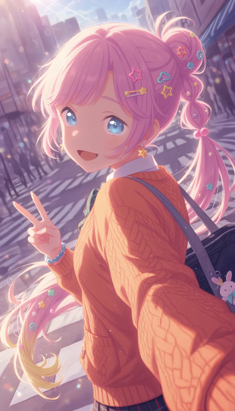 1girl, taking a selfie, anyoji hime, link! like! love live!, blue eyes, very long gradient pink::: blonde hair, tapers off, multi-tied ponytail, black hair ribbon, sidelocks, hair intakes, blunt swept bangs, ahoge,
(:d),
BREAK
wearing (orange cardigan, cable knit, buttons, star earrings, bow, plushie in pocket, star sticker on cheek, school uniform, bowtie, untucked white shirt, black miniskirt, pleated skirt, plaid skirt), (too many hair ornaments:1.3), bead bracelet, colored fingernails, bag charm, duffel bag,
BREAK
looking at viewer,
(looking back, v),
(outdoors, awning, cityscape, street, crosswalk, cafe, storefront, crowd, sky),
(decora:1.3), (pastel colors:1.25),
QUALITY
(masterpiece, very aesthetic, absurdres),
BREAK
at noon, (sunbeam:1.1), (sunlight:1.1), rainbow highlights, bloom, dramatic lighting, (particles:1.2), (blurry background:1.2), (from front,close-up,upper body), dutch angle, blue shadow, sidelighting, dynamic pose, extreme perspective, film grain,
<lora:DynamicPoseIL2att_alpha1.0_rank4_noxattn_900steps:1.5>, <lora:illustrious_quality_modifiers_masterpieces_v1:1>, <lora:Dramatic Lighting SliderIL:3>,<lora:outline_xl_end:-10>, <lora:EnvyZoomSliderXL01:2.5>, <lora:il_contrast_slider_d1:-0.5>, <lora:colorful_sdxl_v2_lbw:1>, <lora:StS-Illustrious-Detail-Slider-v1.0:1>, <lora:darkness_xl_v20:0.65>