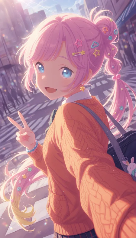 1girl, taking a selfie, anyoji hime, link! like! love live!, blue eyes, very long gradient pink::: blonde hair, tapers off, multi-tied ponytail, black hair ribbon, sidelocks, hair intakes, blunt swept bangs, ahoge,
(:d),
BREAK
wearing (orange cardigan, cable knit, buttons, star earrings, bow, plushie in pocket, star sticker on cheek, school uniform, bowtie, untucked white shirt, black miniskirt, pleated skirt, plaid skirt), (too many hair ornaments:1.3), bead bracelet, colored fingernails, bag charm, duffel bag,
BREAK
looking at viewer,
(looking back, v),
(outdoors, awning, cityscape, street, crosswalk, cafe, storefront, crowd, sky),
(decora:1.3), (pastel colors:1.25),
QUALITY
(masterpiece, very aesthetic, absurdres),
BREAK
at noon, (sunbeam:1.1), (sunlight:1.1), rainbow highlights, bloom, dramatic lighting, (particles:1.2), (blurry background:1.2), (from front,close-up,upper body), dutch angle, blue shadow, sidelighting, dynamic pose, extreme perspective, film grain,
<lora:DynamicPoseIL2att_alpha1.0_rank4_noxattn_900steps:1.5>, <lora:illustrious_quality_modifiers_masterpieces_v1:1>, <lora:Dramatic Lighting SliderIL:3>,<lora:outline_xl_end:-10>, <lora:EnvyZoomSliderXL01:2.5>, <lora:il_contrast_slider_d1:-0.5>, <lora:colorful_sdxl_v2_lbw:1>, <lora:StS-Illustrious-Detail-Slider-v1.0:1>, <lora:darkness_xl_v20:0.65>