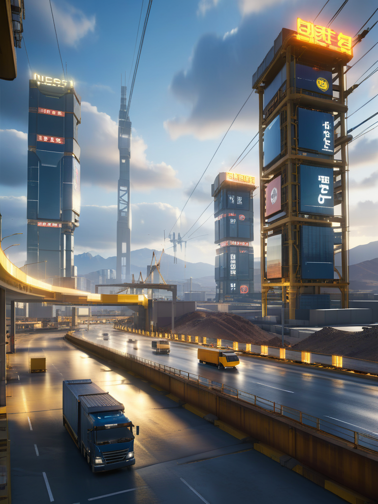 <lora:3DCyberpunkStyle_Hap_XL:1.3>,masterpiece, 3d render,cyberpunk,ultra sharp,UHD,cyberpunk aesthetic,evening,octane,volumetric lighting, Cyberpunk cityscape, futuristic skyline, dystopian setting, multiple overpasses, high-rise buildings, electronic billboards, industrial structures, dense urban environment, glowing neon signs, no entry sign, yellow construction lift, dynamic clouds, atmospheric perspective, hazy atmosphere, cargo containers, industrial cranes, complex infrastructure, advanced technology, vehicular traffic, soft lighting, blue sky, sun glare, transportation network, light reflections, wide-angle view, expansive scene, 3D rendering,  layered composition, power lines, electrical towers, desert terrain, distant mountains, flying cars, commercial advertisements, detailed textures, urban decay, steel architecture, selective focus, panoramic dimensions, modern sci-fi theme, metallic surfaces, urban sprawl, elevated roadways, , architectural diversity, intercity travel, pollution, overcast sky, energy infrastructure, concrete overpass pillars,