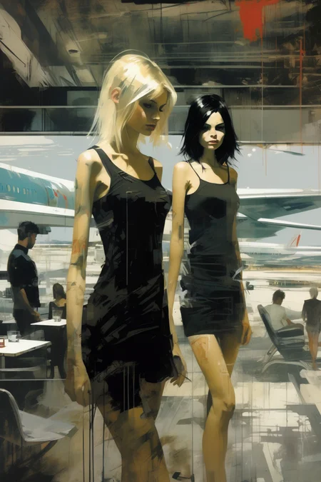 <lora:Ben Aronson Style:1>Ben Aronson Style - a young blond teenage boy, and a smaller black-haired girl in a black dress, are standing in front of a balcony overlooking an airport lounge, in the style of thomas saliot and russ mills