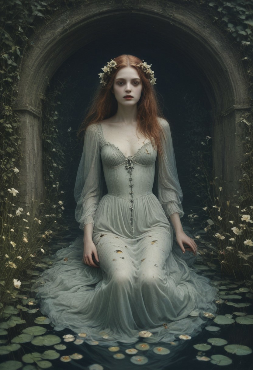 mobe-godeen, Ophelia's dream, Low saturation color photography, vintage, grunge, top light, masterful painting in the style