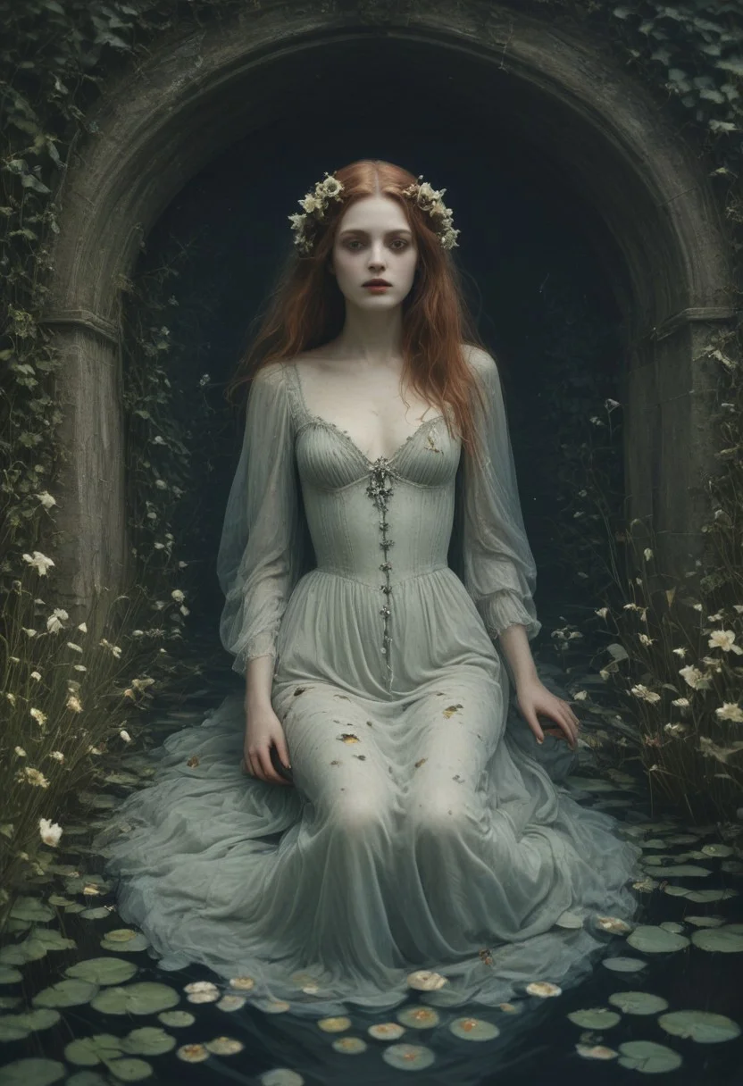mobe-godeen, Ophelia's dream, Low saturation color photography, vintage, grunge, top light, masterful painting in the style