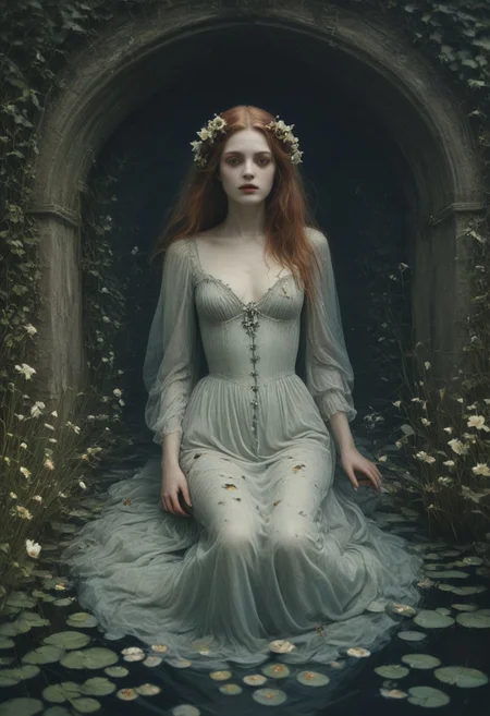 mobe-godeen, Ophelia's dream, Low saturation color photography, vintage, grunge, top light, masterful painting in the style