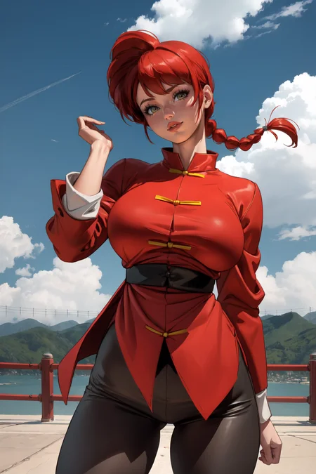 1girl, (solo:1.2), (cowboy shot:1.2), (looking at viewer:1.3)
<lora:Ranma - Ranma-chan [justTNP - v1.0]:1> femaleranma, braided ponytail, (chinese clothes:1.2), tangzhuang, black pants, (red chinese style jacket:1.3), curvy, large breasts, young female, (energetic:1.2)
BREAK <lora:Zumi [MockAi - v1.0]:0.85> zumi, (realistic shading:1.2), soft shading, minimal lineart, semi-realistic proportions
BREAK intricate details, (masterpiece:1.3), (best quality:1.3), (perfect anatomy:1.4) BREAK, (beautiful white clouds:1.3), puffy clouds, white sky