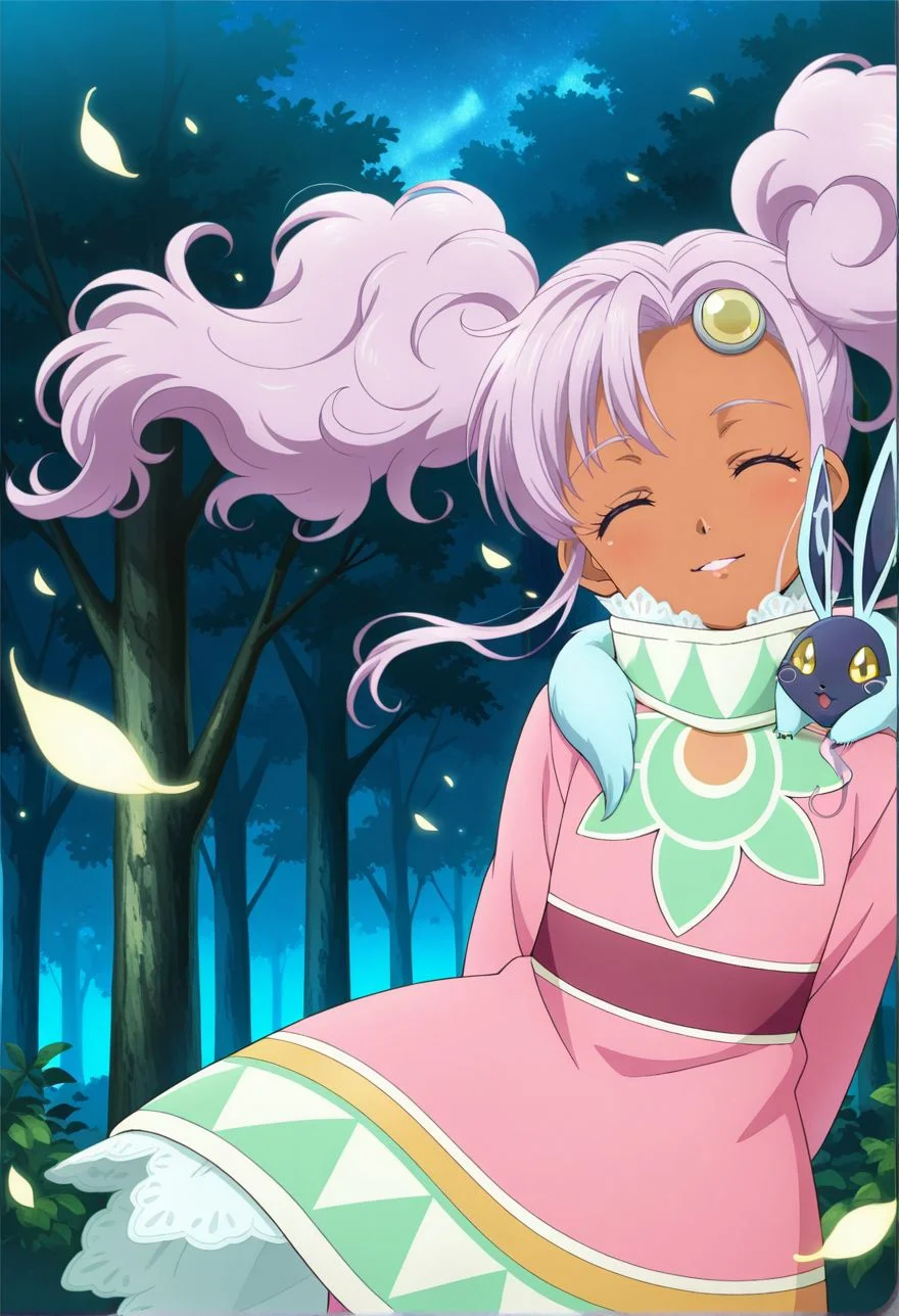 detailed eyes, beautiful, detailed background, perfect eyes,
source_anime, very aesthetic, anime coloring, masterpiece, official art,
<lora:HandFineTuning_XL:1>
BREAK,
forest, mountains, night , floating hair, floating leaves,
parted lips, light smile, closed eyes, head tilt,
cowboy shot, standing, hands behind back, upper body,
quickiebase, animal on shoulder, blue animal, animal with yellow eyes,
BREAK,
<lora:meredy_illustriousXL_v02:0.9>
twintails, purple hair, purple eyes, pink dress, pink legwear, lace trim, meredyBase, lace, long sleeves, high collar, sleeves lace, dark skin, meredy \(tales\)