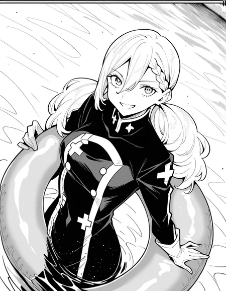 score_9, score_8_up, score_7_up, source_anime, <lora:varvara-pilipenko-manga-ponyxl-lora-nochekaiser:1>, varvara pilipenko, greyscale, monochrome, long hair, hair between eyes, braid, twintails,, gloves, uniform, military, military uniform, pool, water, lifeguard, swim lane, float, , smile, looking at viewer, solo,, dutch angle, cowboy shot