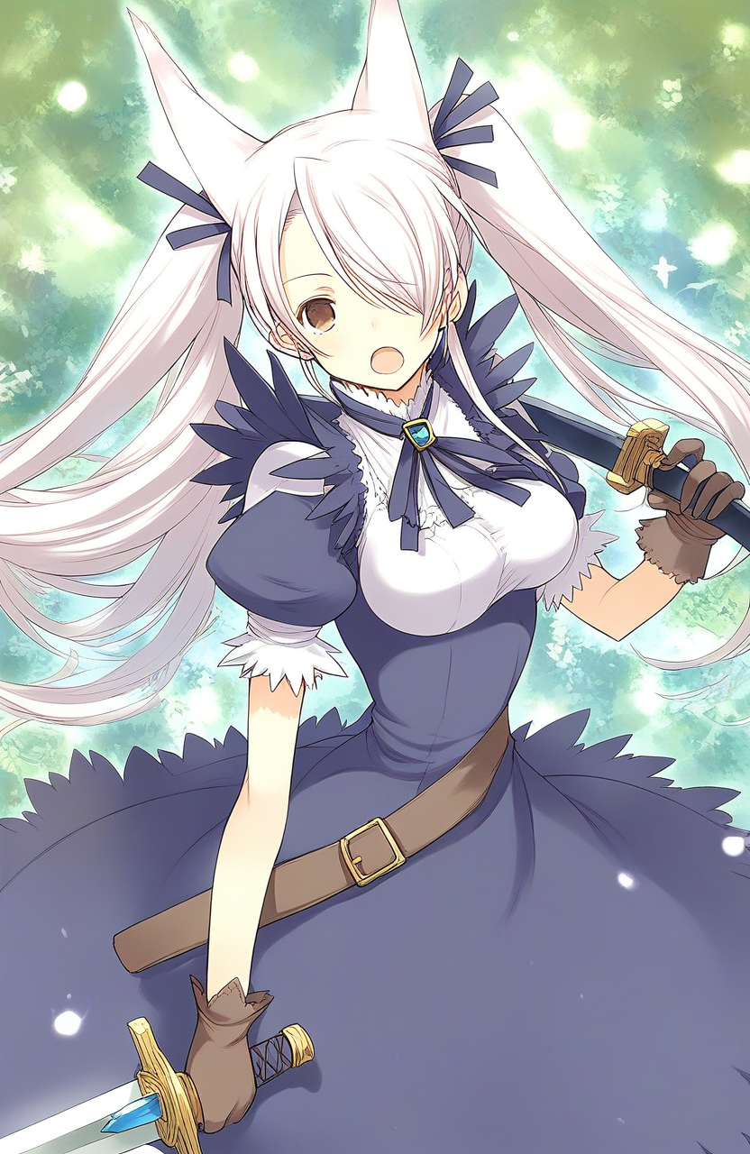 score_9, score_8_up, score_7_up, source_anime, rating_explicit, BREAK  <lora:Aliese_Martini_Ver2.0_XL:1> Aliese_Martini, 1girl, solo, long hair, weapon, sword, open mouth, hair over one eye, white hair, holding, holding weapon, breasts, puffy sleeves, holding sword, animal ears, dress, brown eyes, looking at viewer, short sleeves, gloves,