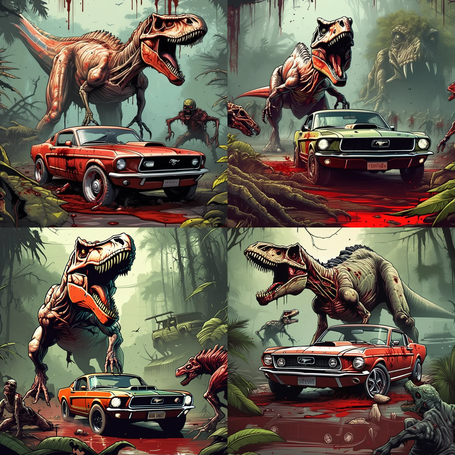 breathtaking sports car ford mustang, horrible terror, gore, blood, in jungle in style of dnmumfrd <lora:dan_mumford:1> , a dinosaur (undead zombie:1.5) t-rex in background