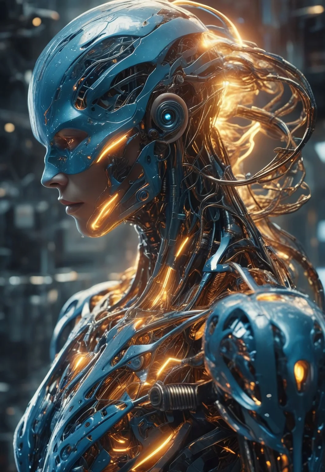 "Hyper-realistic biomechanical humanoid entity, a futuristic cyborg emerging from an electrified void. The figure has a metallic body with intricate liquid-like armor, seamlessly blending organic and machine elements. The surface of its body reflects light with a polished chrome texture, detailed with glowing golden energy veins coursing through its form. Its pose is dynamic, commanding streams of electricity flowing from both hands, illuminating the surrounding atmosphere with bright, crackling energy. The background is a misty cybernetic realm, filled with cascading light rays and digital patterns, creating a sense of infinite depth. The lighting emphasizes the sharp contours of its body, with a blend of cool blue tones and warm amber highlights. The scene exudes power, mystery, and advanced futuristic technology. Ultra-high detail, cinematic composition, 8K resolution, volumetric lighting, and photorealistic textures, inspired by a fusion of science fiction and cyberpunk aesthetics.", closed mouth,