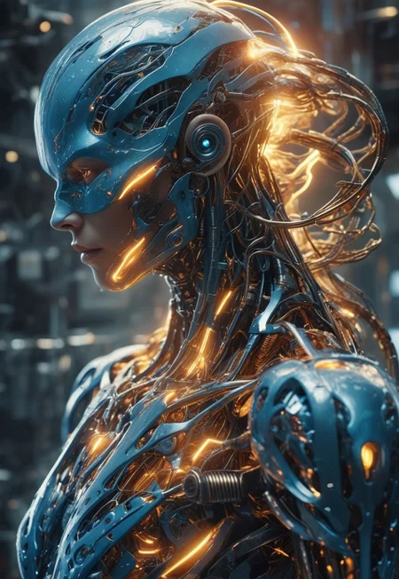 "Hyper-realistic biomechanical humanoid entity, a futuristic cyborg emerging from an electrified void. The figure has a metallic body with intricate liquid-like armor, seamlessly blending organic and machine elements. The surface of its body reflects light with a polished chrome texture, detailed with glowing golden energy veins coursing through its form. Its pose is dynamic, commanding streams of electricity flowing from both hands, illuminating the surrounding atmosphere with bright, crackling energy. The background is a misty cybernetic realm, filled with cascading light rays and digital patterns, creating a sense of infinite depth. The lighting emphasizes the sharp contours of its body, with a blend of cool blue tones and warm amber highlights. The scene exudes power, mystery, and advanced futuristic technology. Ultra-high detail, cinematic composition, 8K resolution, volumetric lighting, and photorealistic textures, inspired by a fusion of science fiction and cyberpunk aesthetics.", closed mouth,