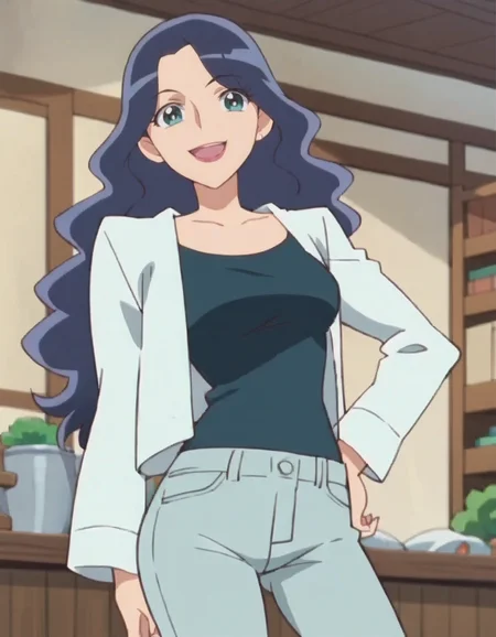 score_9, score_8_up, score_7_up, anime screencap, solo,1girl,kurumisakura, makeup pants, smile, cowboy shot,medium breasts, cowboy shot,wide hip<lora:kurumisakura:0.8>