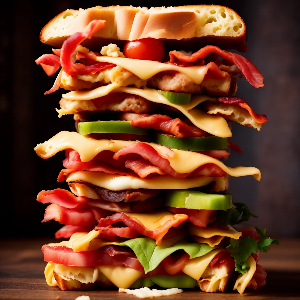 photo (QuadBurger style:1) a bacon, cheese, and tomato sandwich stacked on top of each other <lora:djzQuadBurgerV21:1>