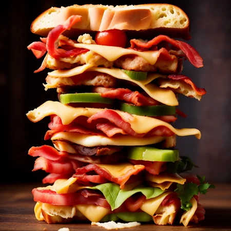 photo (QuadBurger style:1) a bacon, cheese, and tomato sandwich stacked on top of each other <lora:djzQuadBurgerV21:1>