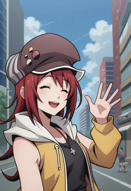 score_9, score_8_up, score_7_up, source_anime, highly detailed,
shikimisaki, 1girl, solo red hair, hat, closed eyes, jewelry, open mouth, smile, waving, arm up, cabbie hat, jacket, sleeveless jacket, yellow jacket, upper body,
outdoor, street, building, sky, cloud,