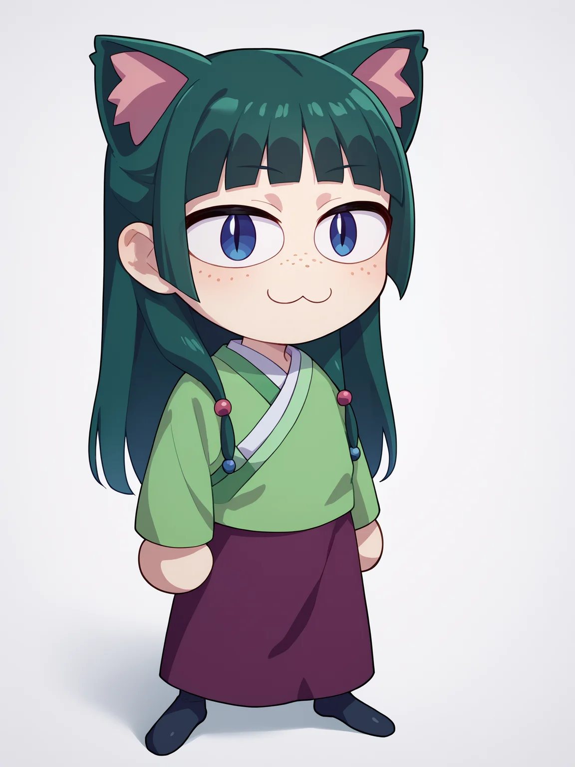 score_9, score_8_up, score_7_up, BREAK,
1girl, necoarc, cat ears, shalltear,
1girl, maomao, blue eyes, blunt bangs, freckles, green hair, long hair, hair ornament, green japanese clothes, long sleeves, purple skirt,
chibi, slit pupils, solo, full body, white background <lora:necoarc-guy-PONY-v1:1>    <lora:MaoMaoXL:1>