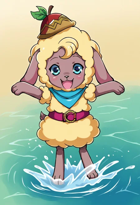 micahwooly, acorn hat, blue eyes, animal nose, happy, sheep ears, gold sheep, blue neckerchief, belt, tail, full body, solo, water, water splashing