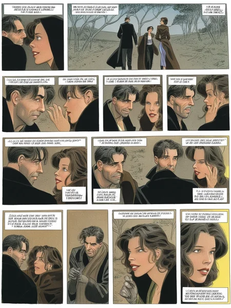 outdoors, close-up, man and woman, illustration by Jean-Pierre Gibrat, comic panels <lora:byJeanPierreGibratXL:1>