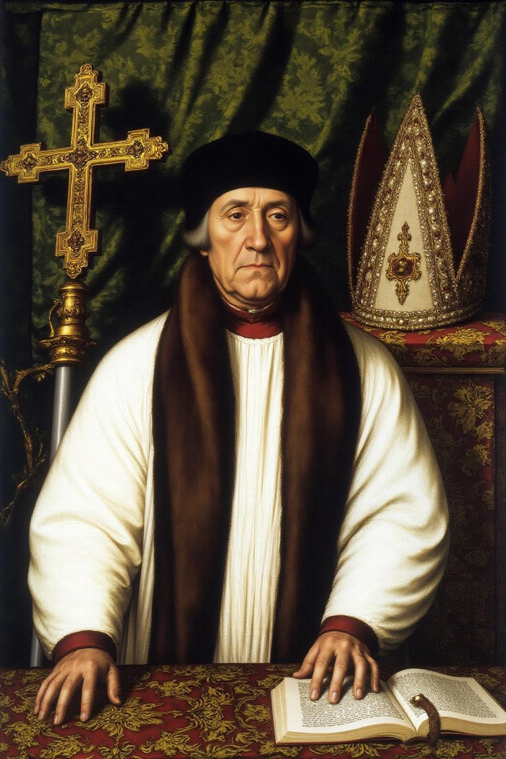 hansho1 painting.
An elderly high-ranking clergyman in a rich, historical setting. The man, dressed in a white, ornate alb with a deep burgundy fur-lined cape draped over his shoulders. There is a cross and a bishop's cap behind him.
The background features a rich, dark green fabric with intricate, gold-patterned damask designs, adding to the regal and ecclesiastical atmosphere.
 <lora:hansho1_cap_d6a3e12:1.0><lora:816891174980728644:0>