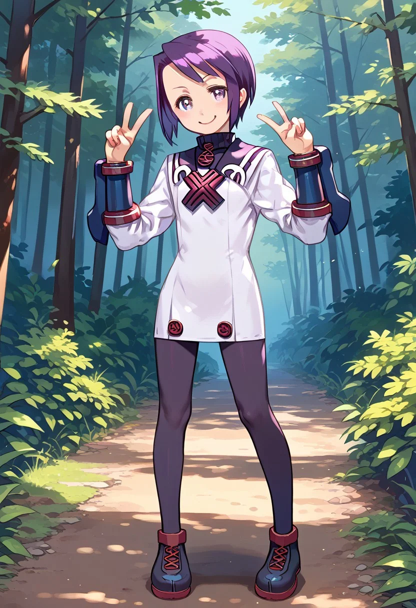 score_8, score_8_up, score_7_up, source_anime,  1girl, female focus, solo, toris_SN2, purple hair, short hair, bangs, sidelocks, short hair with long locks, turtleneck, sailor collar, white dress, short dress, dress, long sleeves, bracers, pantyhose, purple pantyhose, ankle boots, standing, full body, V, double v, looking at viewer, smile, blush, outdoors, forest, trees, path