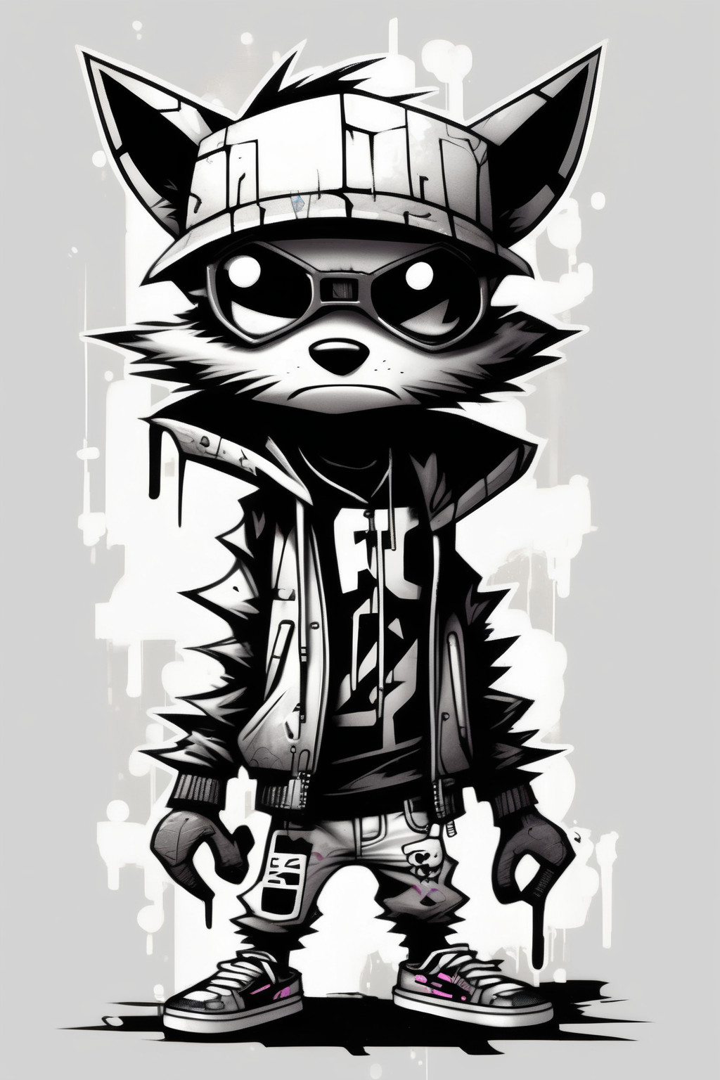 <lora:Skottie Young Style:1>Skottie Young Style - full body minimal stylized cyberpunk graffiti cartoon raccoon gang member black and white