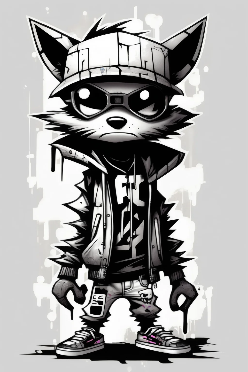 <lora:Skottie Young Style:1>Skottie Young Style - full body minimal stylized cyberpunk graffiti cartoon raccoon gang member black and white