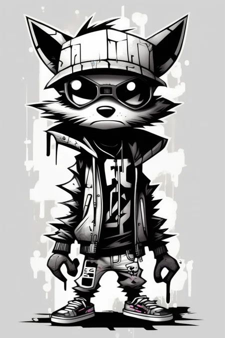 <lora:Skottie Young Style:1>Skottie Young Style - full body minimal stylized cyberpunk graffiti cartoon raccoon gang member black and white