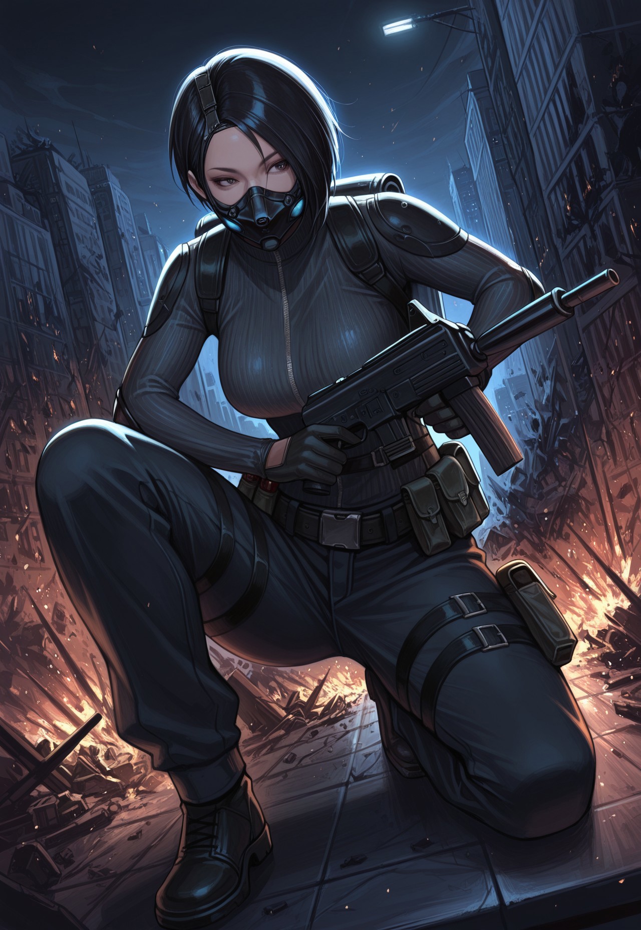 masterpiece, best quality, detailed, realistic, three quarters angle, 1girl, solo, Yamata, short hair, black hair, mask, sweater, elbow pads, gloves, pants, belt, pouch, thigh holster, backpack, on one knee, on roof, holding gun, assault rifle, city, at night, destruction, fires,