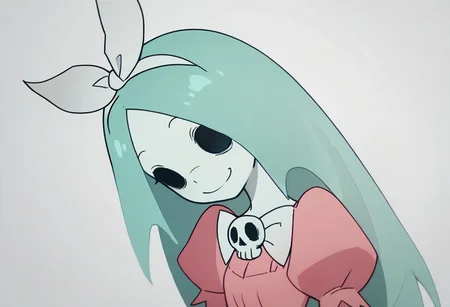 score_9, score_8_up, score_7_up BREAK Dthgrl, 1girl, ghostly appearance, pale skin, black hollow eyes, cyan hair, white bow, pink dress with skull brooch, barefoot, smiling at viewer, solo, solo focus,