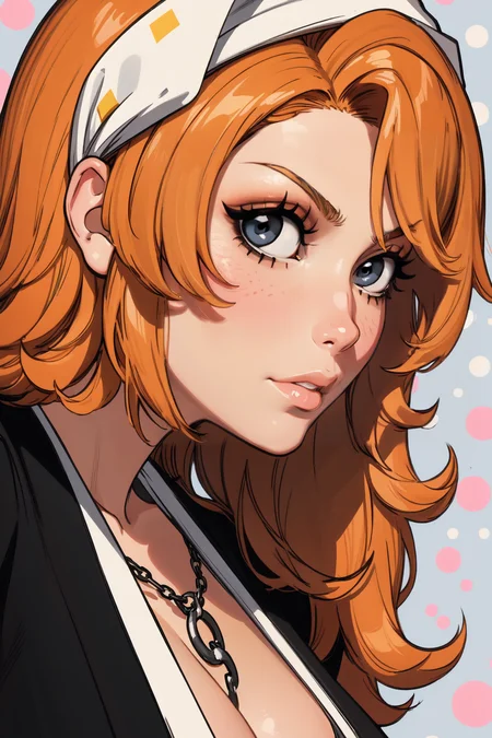 1girl, (solo:1.2), (cowboy shot:1.2), posing, (close-up:1.4), (layed back:1.3), sitting
<lora:Rangiku Matsumoto [novowels - v1.0]:0.9> matsumoto rangiku, long hair, hair between eyes, necklace, (black kimono:1.2), fully clothed, cleavage, sash, medium breasts, curvy, wide hips, mature female, deep cleavage, necklace between breasts, blonde hair, orange hair
BREAK <lora:Ilya Kuvshinov [MockAi - v1.0]:0.95> ilyakuvshinov, (painterly style), cinematic composition, expert shading, semi-realistic
BREAK intricate details, (masterpiece:1.3), (best quality:1.3), (perfect anatomy:1.4) BREAK, (polka dot background:1.4), simple background, colorful