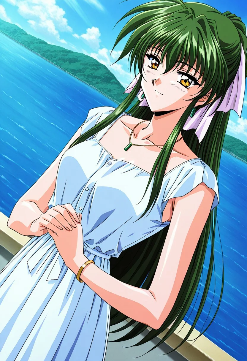 general,highres, ultra-detailed,very aesthetic,best quality ,best hands,masterpiece, best quality, newest, highres, score_9, score_8_up, score_7_up, source_anime, rating_explicit,1girl, yokota mamoru style,motion lines,,Very straight nose,slim,slender face,perfect nose,1990s (style)
Sendou Hitomi, Green Hair, Sidehair, Waist Length Hair,Amber Eyes,Necktie, Ribbon Hair Tie
 anime screencap,
1girl
solo
green hair
jewelry
long hair
yellow eyes
dress
bracelet
earrings
necklace
ponytail
dutch angle
day
smile
ribbon
white dress
water
oceans