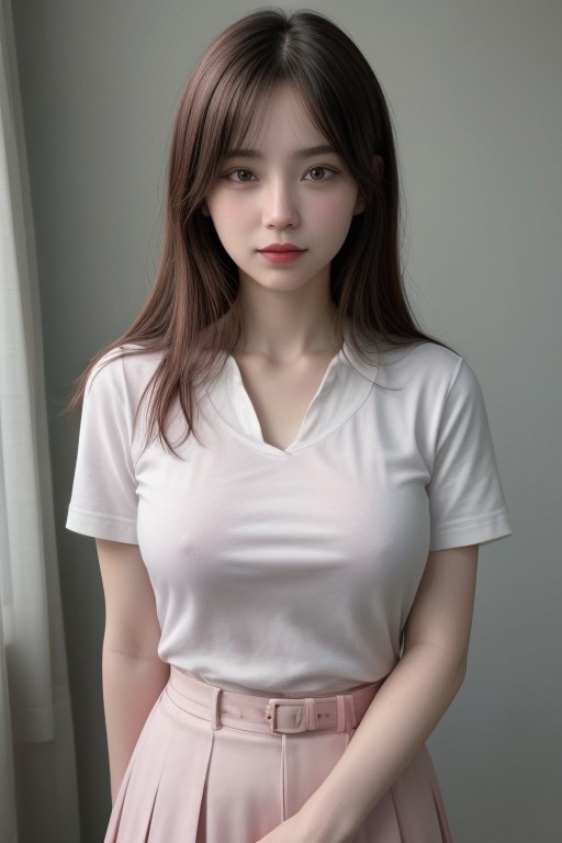 1girl, pink lipstick, smile,  medium breasts,  breasts apart, breast bags,  covered nipples, long hair, gf fnf  BREAK white shirt, p0l0 sh1rt, polo_shirt, short sleeves, black necktie, black belt, black skirt, pleated skirt,  indoors <lora:sdxl_lightning_8step_lora:1>    <lora:breasts++-PD-breast_bags-1.0:1>    <lora:HerrscherAGGA2024_Polo_Shirt_V1:0.6>   <lora:GirlfriendFNF_PDXL:0.8>