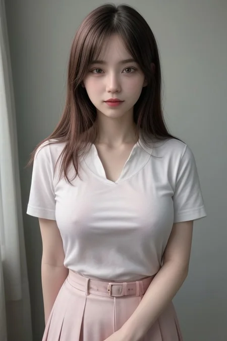 1girl, pink lipstick, smile, medium breasts, breasts apart, breast bags, covered nipples, long hair, gf fnf BREAK white shirt, p0l0 sh1rt, polo_shirt, short sleeves, black necktie, black belt, black skirt, pleated skirt, indoors <lora:sdxl_lightning_8step_lora:1> <lora:breasts++-PD-breast_bags-1.0:1> <lora:HerrscherAGGA2024_Polo_Shirt_V1:0.6> <lora:GirlfriendFNF_PDXL:0.8>