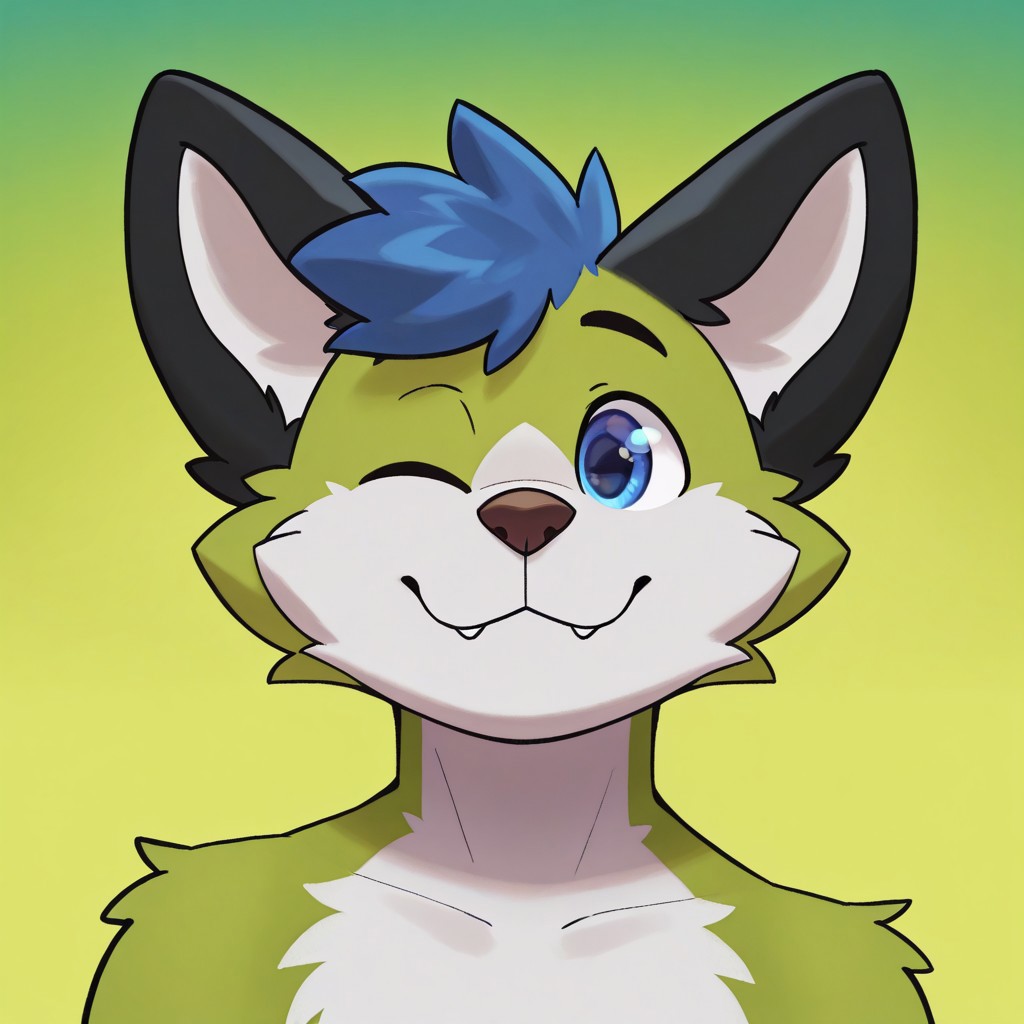 best quality, amazing quality, high resolution, masterpiece, very aesthetic, absurdres, newest, simple art, depth of field, source_anime, furry, furry male, anthro, realistic,
syuro, zuppu11, (((detailed eyes)), green background, gradient background, wink, winking, one eye closed, happy, looking at viewer, (((portrait, dynamic angle, dynamic face))),
lim3, (((green body, white fur))), (((better quality))), black ears, white inner ear, brown nose, blue hair, ((blue eyes))
