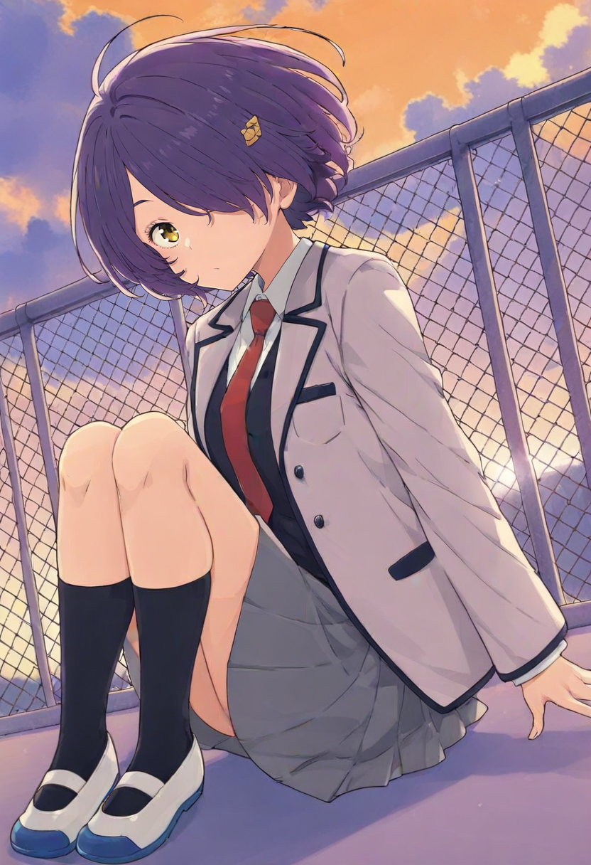 1girl, takada nozomi, sayonara wo oshiete, collared shirt, dusk, expressionless, full body, hair ornament, hairclip, on roof, orange sky, outdoors, purple hair, school uniform, shirt, shoes, short hair, sitting, skirt, sky, solo, twilight, uwabaki, vest, wind, closed mouth, open jacket, ribbon, jacket, knees up, cloudy sky, sunlight, kneehighs, long sleeves, sitting on roof, necktie, open clothes, purple theme, red necktie, chain-link fence, pleated skirt, yellow eyes, socks, white shirt, rooftop, hair over one eye, black socks, black vest, floating hair, fence, looking at viewer, cloud, white footwear<lora:imigimuruXL_il_lokr_V531:0.95>