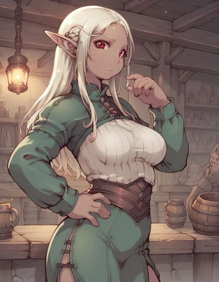 score_9,score_8_up,score_7_up, <lora:Ibukichi_Artist:0.9>, 1girl, solo, pointy ears, dark skin, red eyes, elf, platinum blonde hair, in a tavern, dim lights , standing, hand on own hip, hand up, contrapposto,