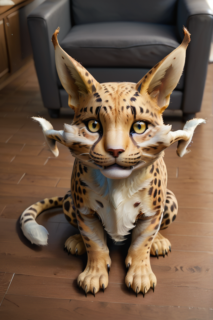 source_furry, score_9, score_8_up, score_7_up, (coeurl_xv, monster, feline, feral, chibi, cute), fur, body fur, yellow fur, black dotted, white hair, animal ears, yellow eyes, detailed eyes, animal nose, whiskers, paws, claws, tail, <lora:FF_CoeurlPony09:0.8>, indoors, living room, sitting, look at viewer, cute eyes, mid range view, view from above, zPDXL2, zPDXLpg, zPDXLrl, best quality, highly detailed, extreme details, masterpiece, photorealistic, hyperrealistic, ultra realistic, hdr, 4k, uhd, ray tracing, shaded