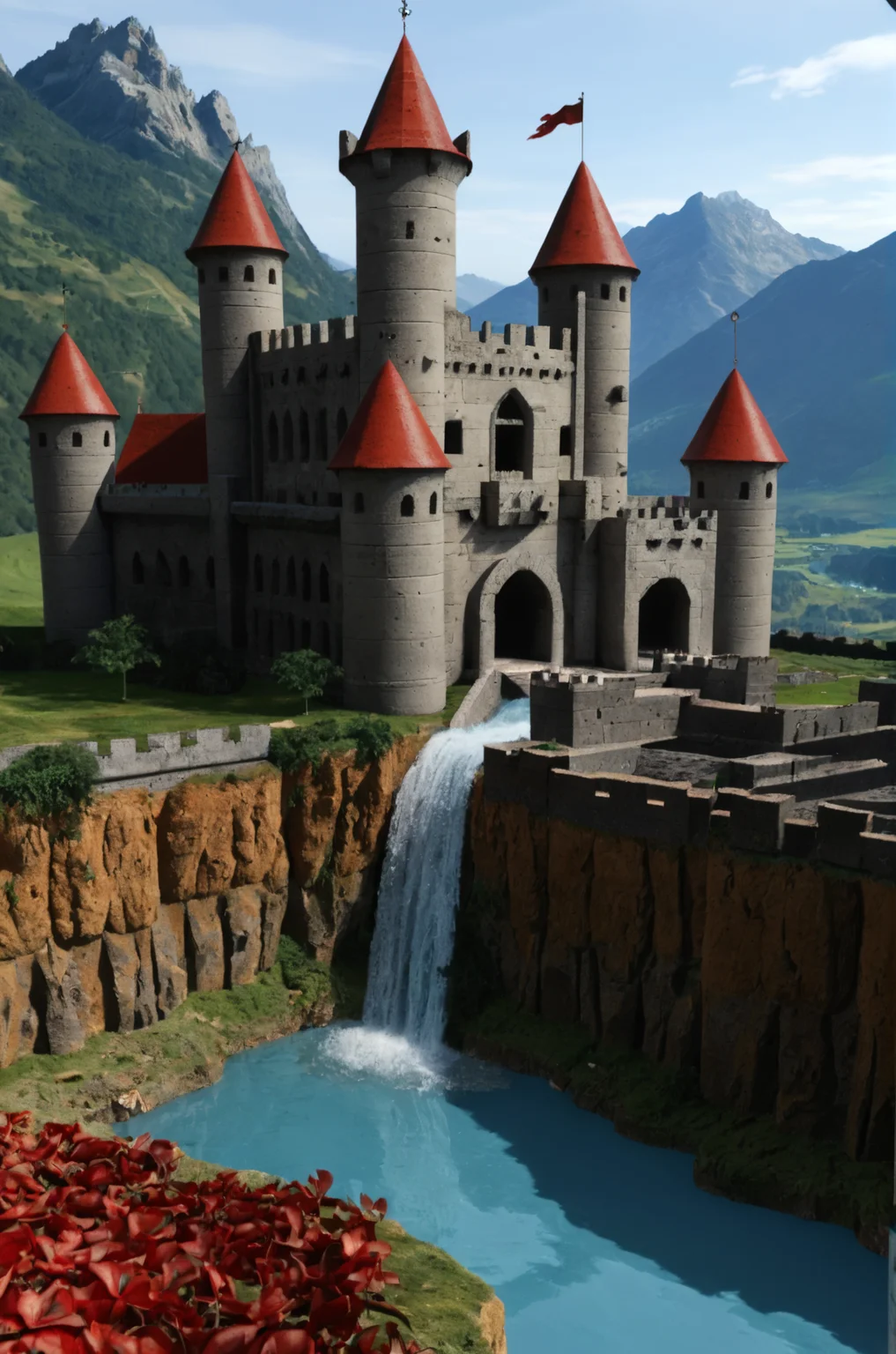 score_9, score_8_up, score_7_up, BREAK,
heroes2, render, 3d, medieval castle, fortified walls, moat, drawbridge, red rooftops, stone towers, mountain backdrop, blue sky, flowing water, vibrant greenery, outdoors,
, <lora:HoMMv6_S98:1>,