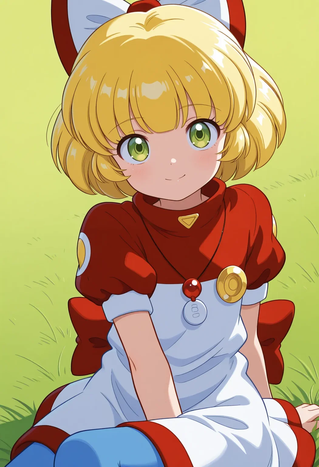 TwiSpr, 1girl, solo, dutch angle, sitting, grass, upper body, upturned eyes, looking at viewer,
blonde hair, short hair, hair bow, white bow, green eyes, smile,
red dress, white dress, puffy short sleeves, crescent necklace, back bow, pantyhose,
best quality,amazing quality,very aesthetic,absurdres
<lora:TwiSpr:1>