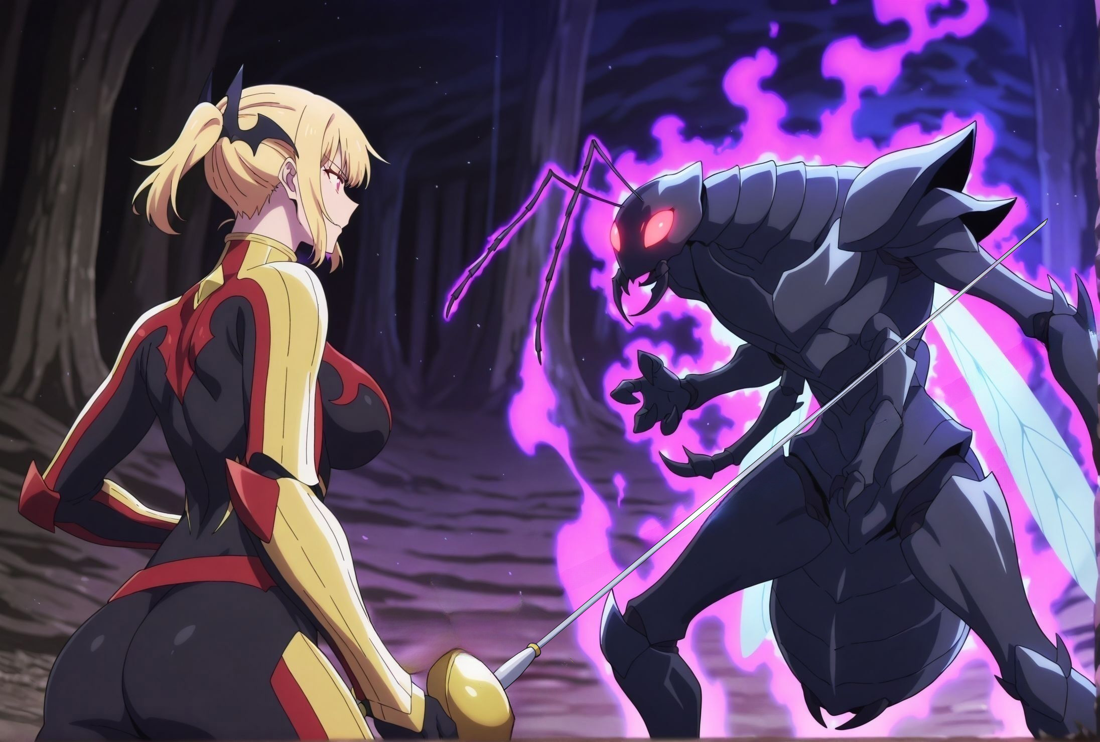masterpiece,best quality,anime coloring,anime screenshot,
1girl,   1 monster male,  fighting stance,  facing another,  male focus, ant  monster head, human male body,
<lora:Hae-In_C2:0.8>, haein2, blonde hair, purple eyes, short hair, bodysuit,   hair ornament, breasts, bat hair ornament, black bodysuit,large breasts, rapier,   blue aura, 
beru, (arthropod boy),  glowing eyes, red eyes, armor male, purple aura,