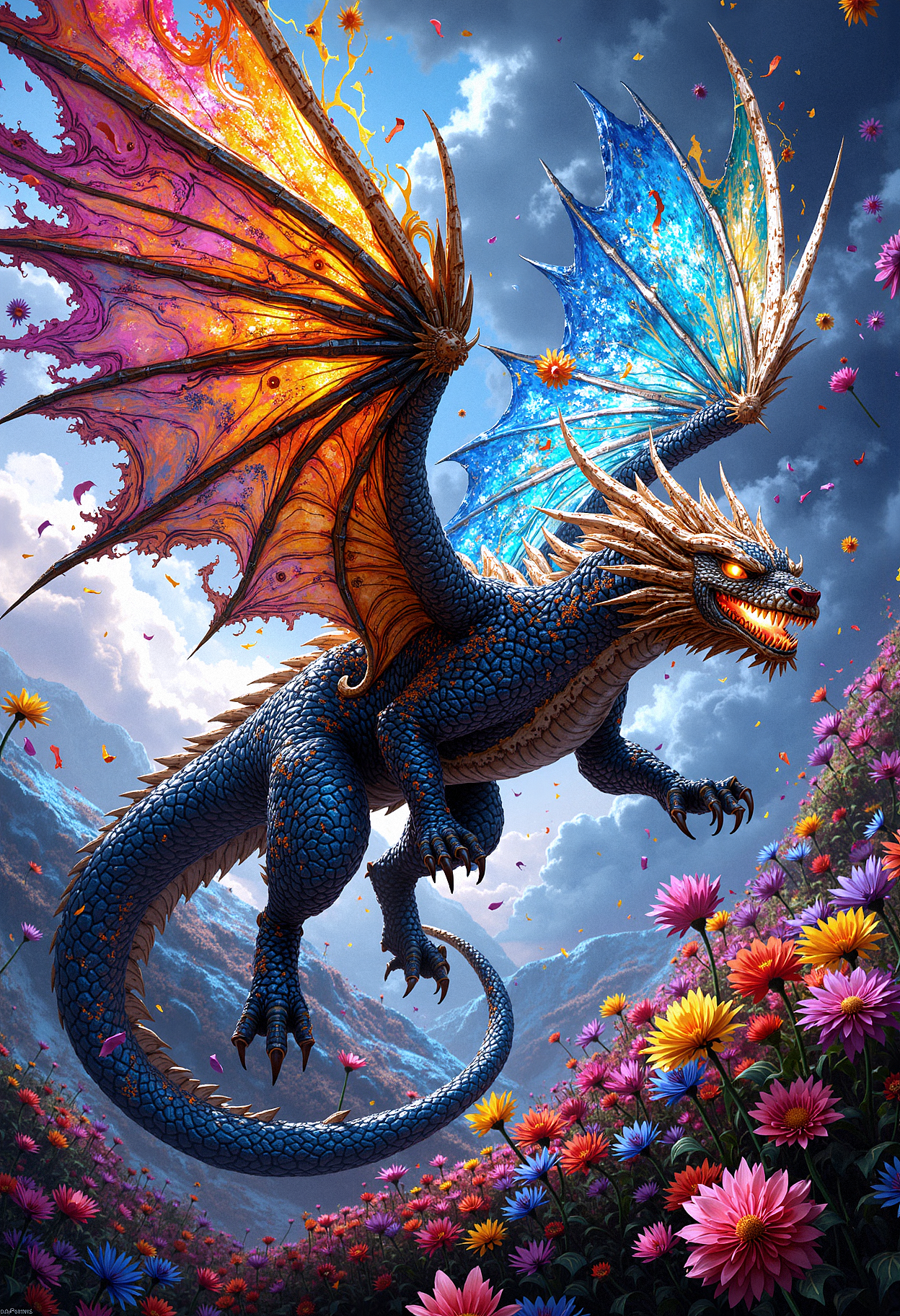 A hyper-realistic depiction of a colossal winged dragon, but its wings are made entirely of swirling, multicolored liquid, as if the dragon is made of living paint. The dragon's body is a mix of reflective, metallic scales and fluid, constantly shifting colors. Its eyes are glowing orbs of molten gold, and the dragon is flying through a vast sea of vibrant, floating flowers, each petal resembling a different nebula. The flowers scatter in its wake, dissolving into streams of color that blend into the sky. The scene is a blend of surreal fantasy and abstract art, with an intense focus on the fluidity and movement of the dragon's wings and the flowing colors.  <lora:FluxMythP0rtr4itStyle:0.8> MythP0rt, <lora:aidmaMJ6.1-FLUX-V0.2:0.6> aidmaMJ6.1,
