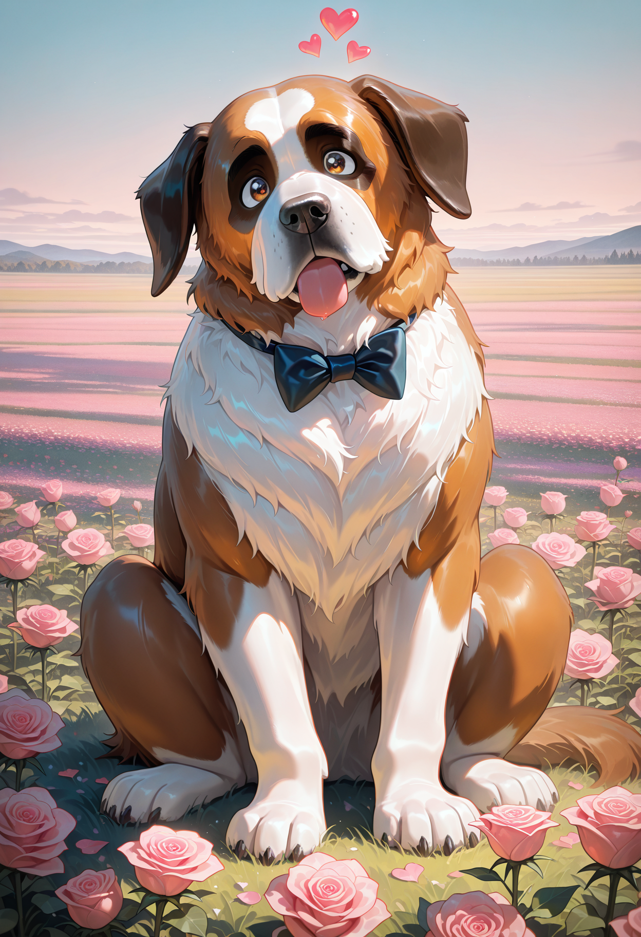 1 saint bernard, head tilt, pink rose, sitting, bowtie, field, (hearts0.5), soft colors, solo,
masterpiece, best quality, amazing quality, very aesthetic, absurdres,  newest, 