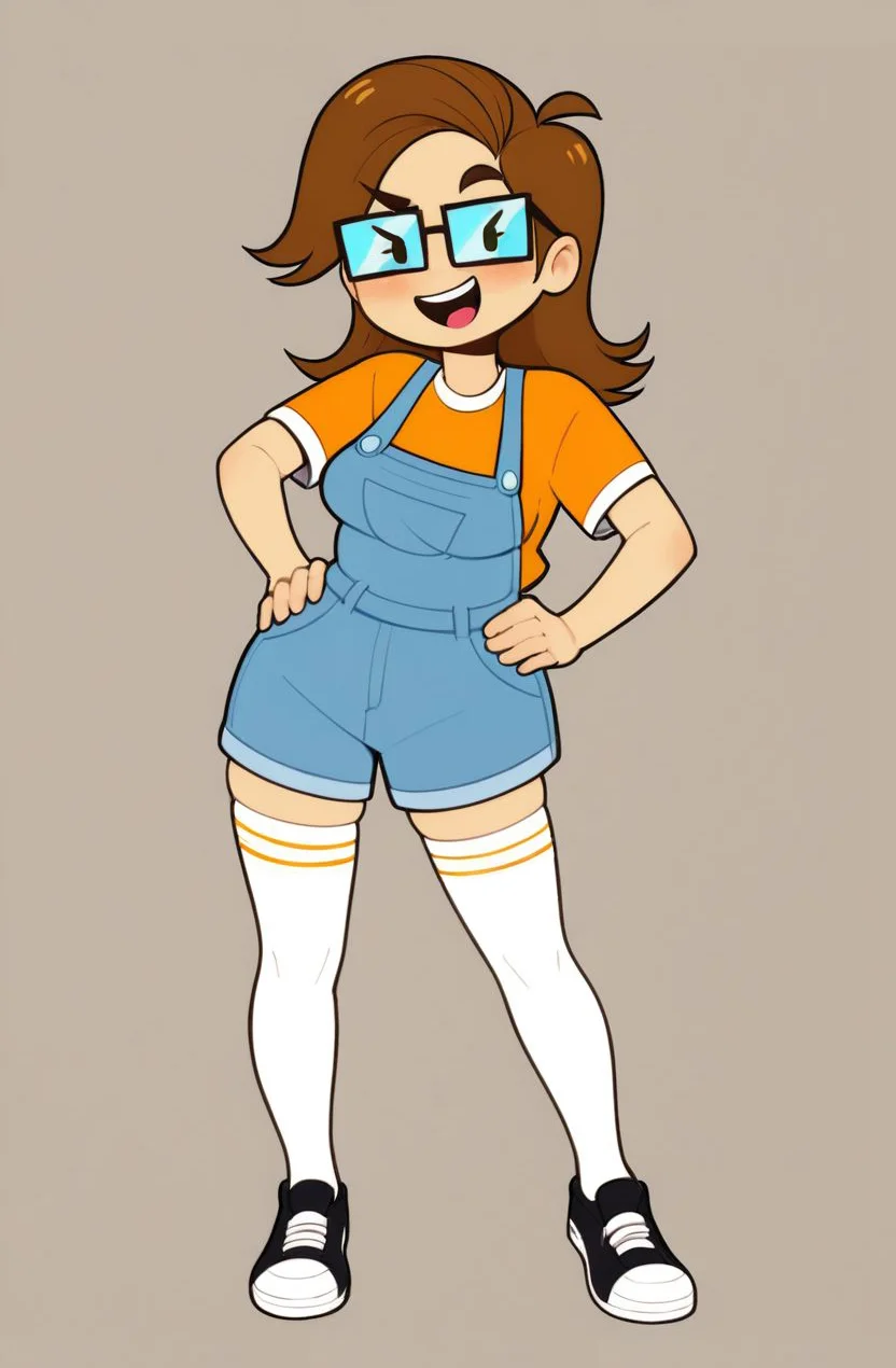 <lora:Sabiev1.0:1> (zPDXL2), score_9, score_8_up, score_7_up, source_cartoon, sabie (saberspark), 1girl, solo, human, tan skin, medium hair, brown hair, raised right eyebrow, glasses, dot eyes, eyelashes, looking at viewer, open smile, upper teeth only, orange shirt, short sleeves, blue overalls, medium breasts, white thigh socks, black shoes, white laces BREAK full body, standing, hands on hips BREAK flat colors, best anatomy