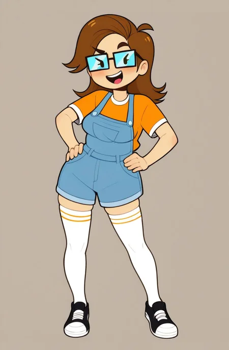 <lora:Sabiev1.0:1> (zPDXL2), score_9, score_8_up, score_7_up, source_cartoon, sabie (saberspark), 1girl, solo, human, tan skin, medium hair, brown hair, raised right eyebrow, glasses, dot eyes, eyelashes, looking at viewer, open smile, upper teeth only, orange shirt, short sleeves, blue overalls, medium breasts, white thigh socks, black shoes, white laces BREAK full body, standing, hands on hips BREAK flat colors, best anatomy