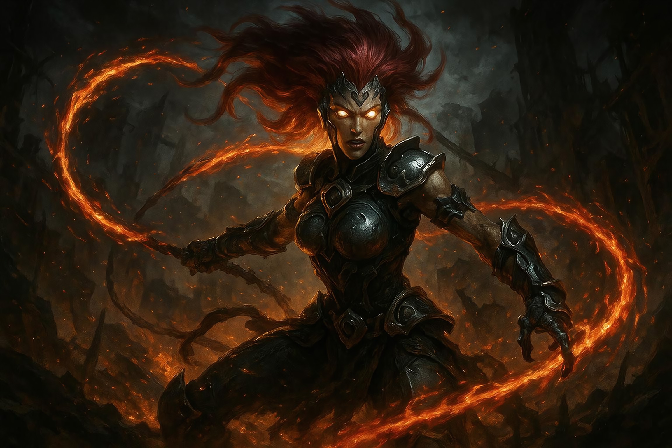 A striking depiction of Fury from Darksiders, surrounded by a fiery aura. She stands in a dynamic battle pose, her energy whip slicing through the air. Her expression is determined and fearless, with glowing eyes that symbolize her relentless power. The scene is dark and apocalyptic, featuring dramatic lighting and intense colors. The background showcases a ravaged landscape, fitting the grim style of the game. Highly detailed, epic, and full of atmosphere.