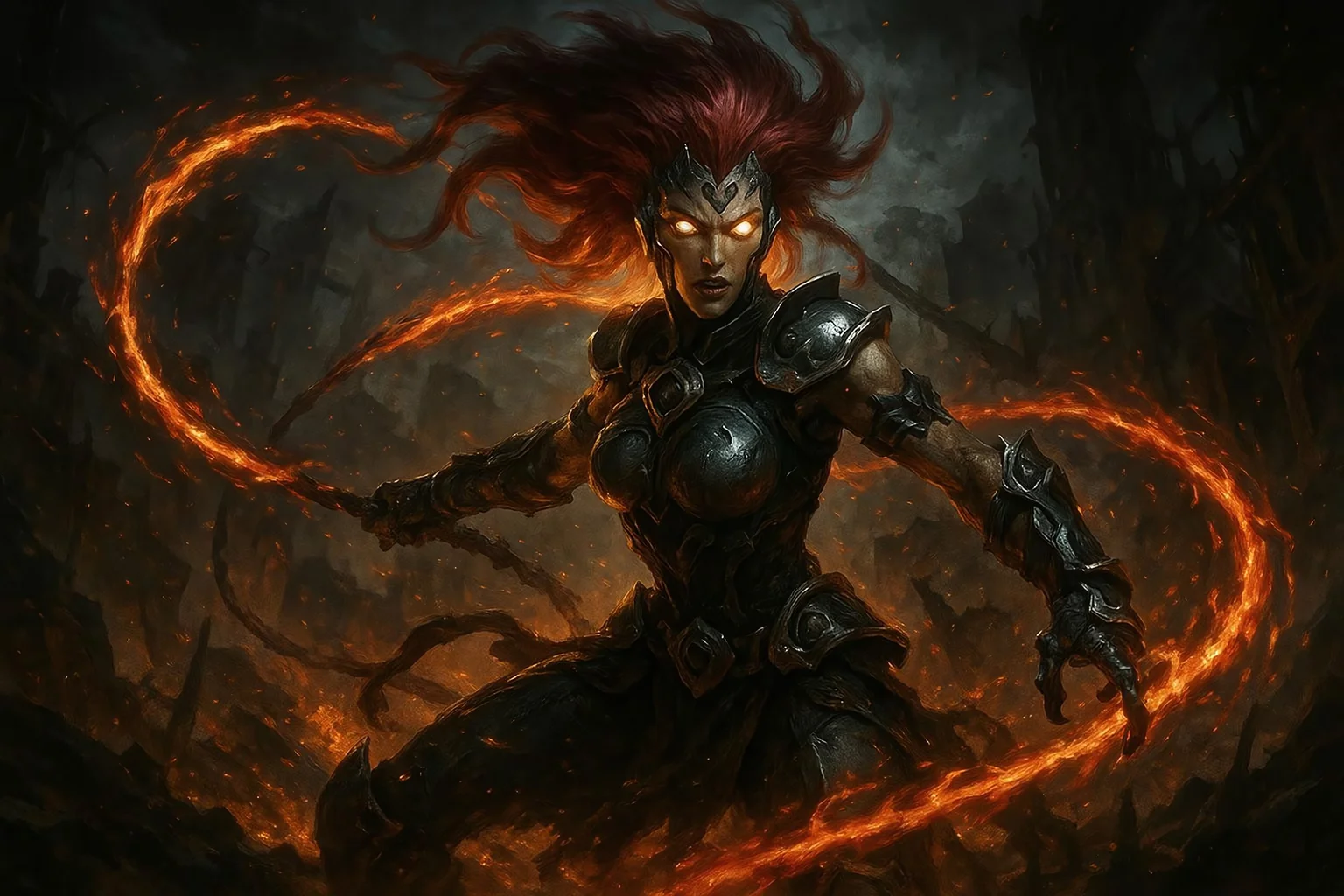 A striking depiction of Fury from Darksiders, surrounded by a fiery aura. She stands in a dynamic battle pose, her energy whip slicing through the air. Her expression is determined and fearless, with glowing eyes that symbolize her relentless power. The scene is dark and apocalyptic, featuring dramatic lighting and intense colors. The background showcases a ravaged landscape, fitting the grim style of the game. Highly detailed, epic, and full of atmosphere.