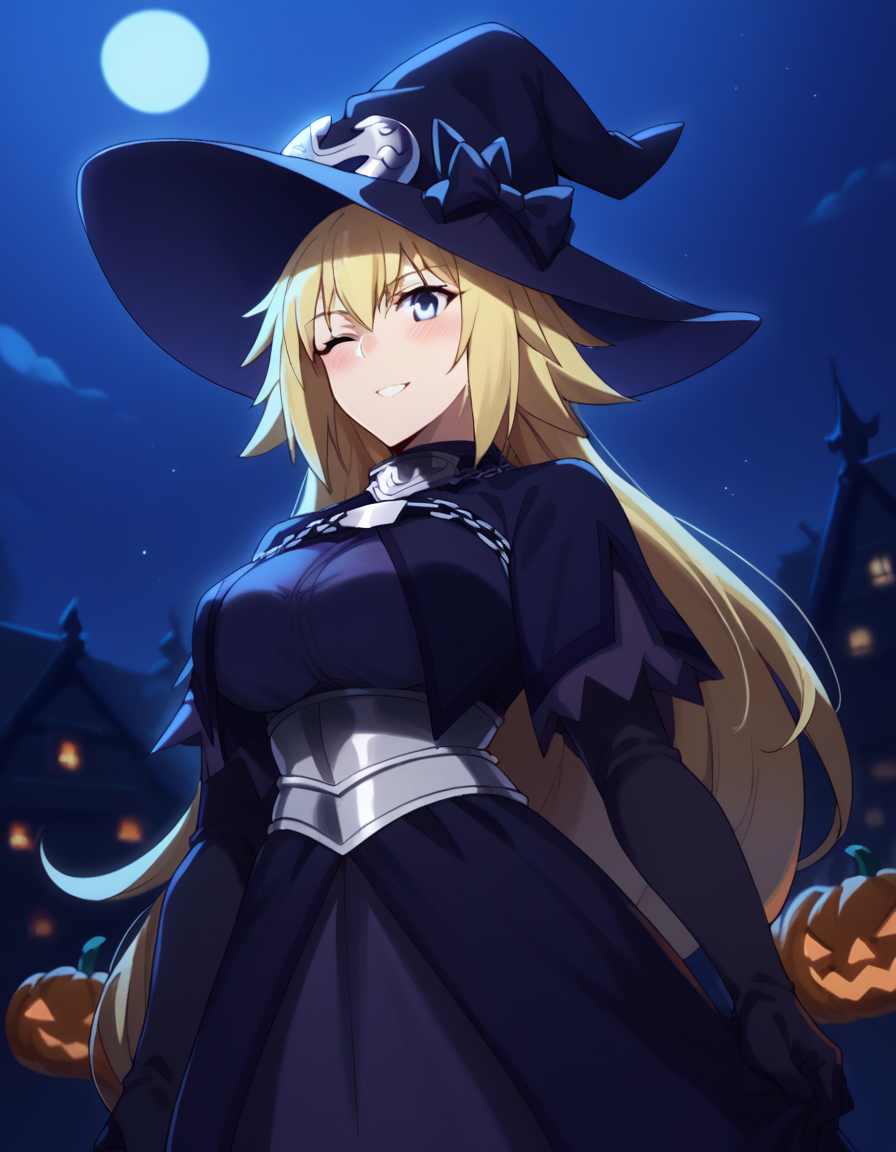 score_9, score_8_up, score_7_up, source_anime, <lora:jeanne-d-arc-apocrypha-s1-ponyxl-lora-nochekaiser:1>, jeanne d arc, blonde hair, blue eyes, long hair, large breasts,, <lora:witch-ponyxl-lora-nochekaiser:1>, witch, hat, witch hat, dress, halloween, halloween costume, jewelry,, night, moon, blush, smile, one eye closed,, , dutch angle, cowboy shot
