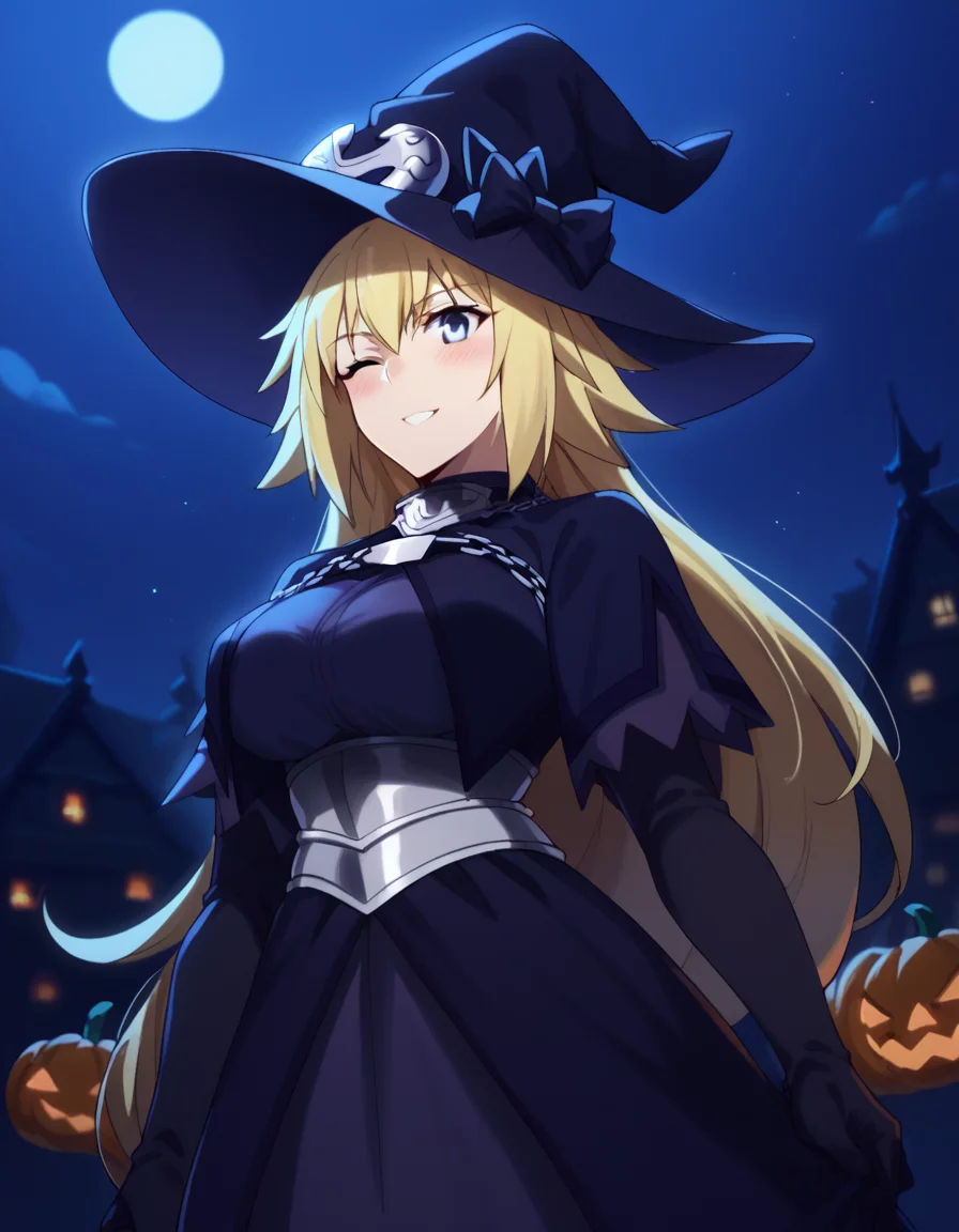 score_9, score_8_up, score_7_up, source_anime, <lora:jeanne-d-arc-apocrypha-s1-ponyxl-lora-nochekaiser:1>, jeanne d arc, blonde hair, blue eyes, long hair, large breasts,, <lora:witch-ponyxl-lora-nochekaiser:1>, witch, hat, witch hat, dress, halloween, halloween costume, jewelry,, night, moon, blush, smile, one eye closed,, , dutch angle, cowboy shot
